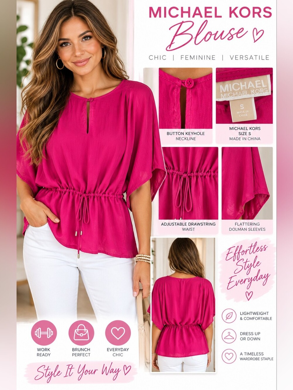 Michael Kors Hot Pink Drawstring Waist Blouse